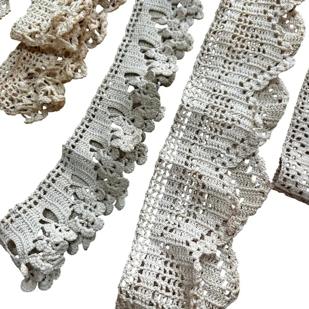 Vintage hand made crochet lace crafting sewing notions lot of 5 pcs ecru cream